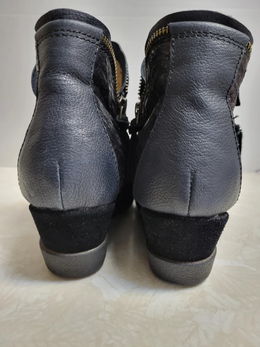 Halsa Footwear Black Suede Wedge Ankle Booties with Metallic Back